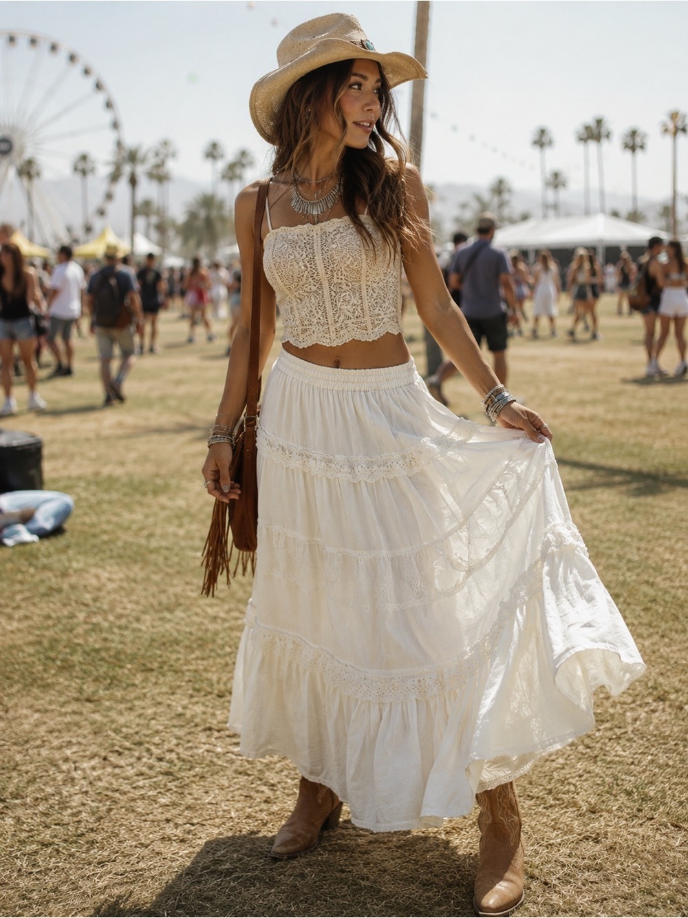 Vintage Bohemian Tiered Lace Maxi Skirt Cream Cottagecore Festival Medium